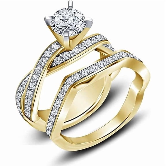 925 Sterling Silver Round Cut White Diamond 14K Yellow Gold Over Engagement Wedding Bridal Ring Set For Women