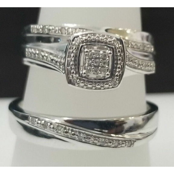 TAAPSEE JEWELS 925 Sterling Silver Round Cut White Cubic Zirconia Wedding Ring Band Trio Sets For Couple