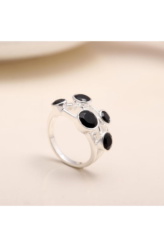 925 Sterling Silver Round Faceted Black Onyx Ring US Size 5,6,7,8,9,10 Statement, 5 Stone Black Onyx Ring, Gift for Her, Christmas Gifts