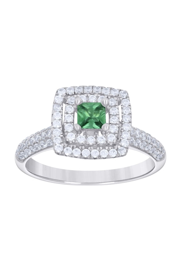 925 Sterling Silver Round & Green Princess Cut Cubic Zirconia Women's Double Halo Solitaire Square Birthstone Ring | Size 8
