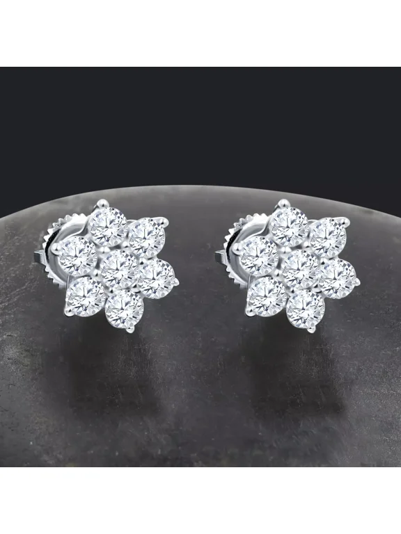 925 Sterling Silver Round Natural Moissanite Sparkling Snowflake Cluster Stud Earrings, 14k White Gold Plated, Wedding Jewelry Gift for Women