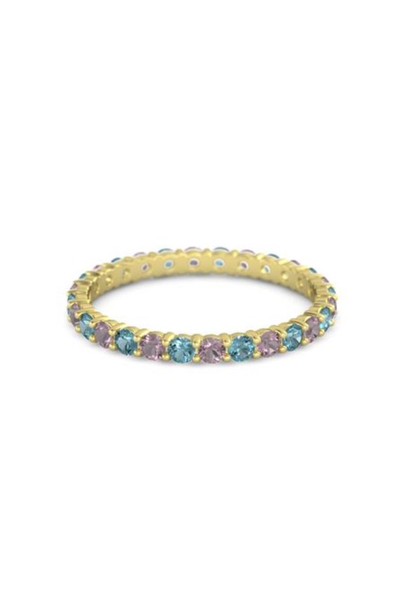 925 Sterling Silver Round Rhodolite Garnet London Blue Topaz Yellow Plated Ring