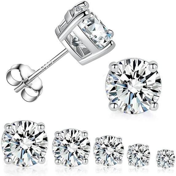 925 Sterling Silver Round Stud Earring Set, 18K White Gold Plated Round Cut Clear Cubic Zirconia Hypoallergenic Earrings Pack for Women and Men