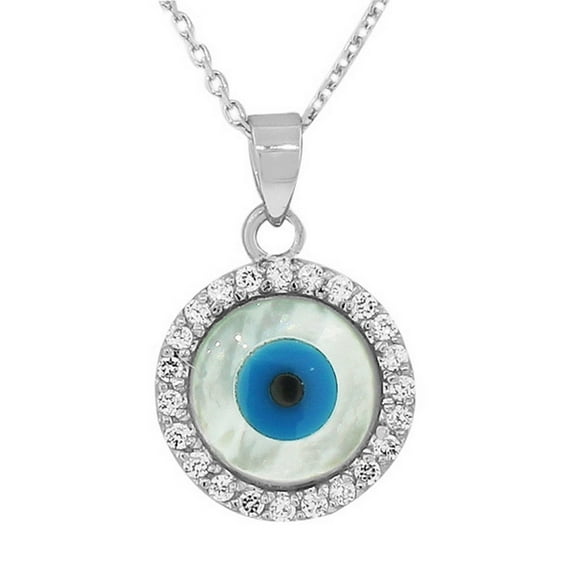 925 Sterling Silver Round White CZ Simulated Mother-of-Pearl Evil Eye Pendant Necklace