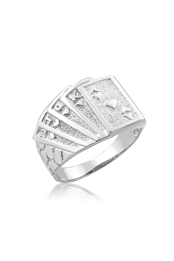 925 Sterling Silver Royal Flush Poker Hand Nugget Ring (Size 12)