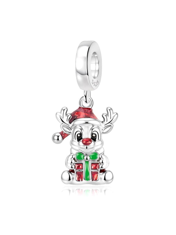 925 Sterling Silver Rudolph Reindeer Dangle Charm for Bracelet Charms Bangle Pendant Jewelry