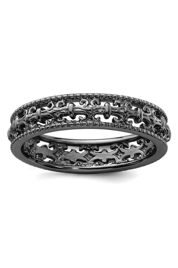 925 Sterling Silver Ruthenium plating Stackable Black Plated Carved Band Size 10 Stackable Ring for Women and Men