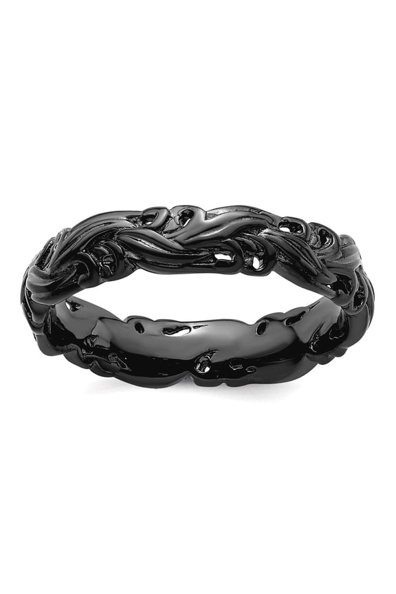 925 Sterling Silver Ruthenium plating Stackable Black Plated Carved Band Size 5 Stackable Ring for Women and Men