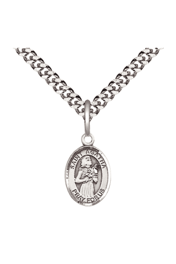 .925 Sterling Silver Saint Agatha Medal Pendant on 24 Inch Endless Rhodium Plated Heavy Curb Brass Chain, Catholic Religious Necklace -Made in USA- Deluxe Velvet Gift Box
