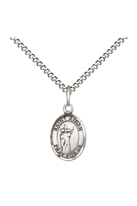.925 Sterling Silver Saint Aidan of Lindesfarne Medal Pendant on 18" Rhodium Plated Lite Curb Brass Chain w/ Lobster Claw Clasp, Catholic Religious Necklace - Made in USA- Velvet Gift Box