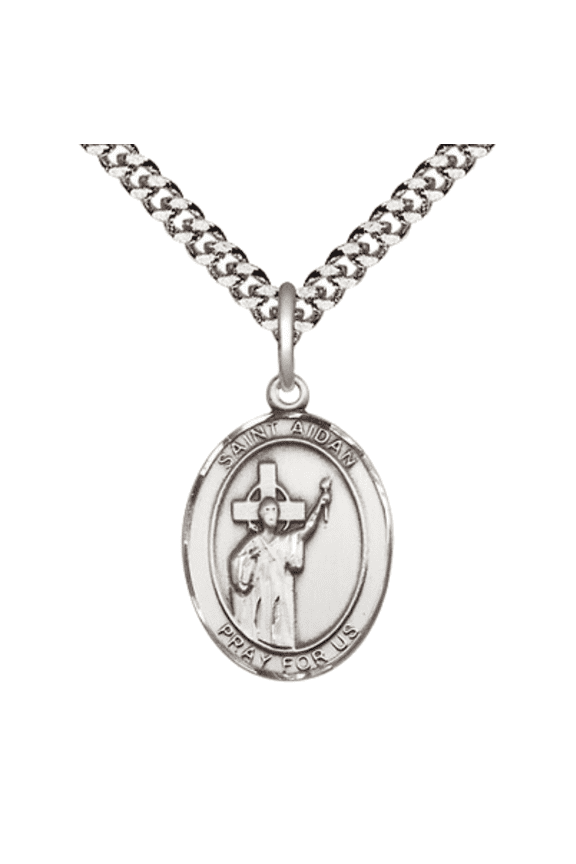 .925 Sterling Silver Saint Aidan of Lindesfarne Medal Pendant on 24 Inch Endless Rhodium Plated Heavy Curb Brass Chain, Catholic Religious Necklace -Made in USA- Deluxe Velvet Gift Box