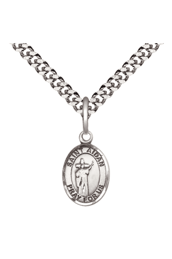 .925 Sterling Silver Saint Aidan of Lindesfarne Medal Pendant on 24 Inch Endless Rhodium Plated Heavy Curb Brass Chain, Catholic Religious Necklace -Made in USA- Deluxe Velvet Gift Box