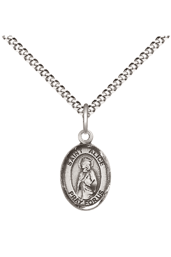 .925 Sterling Silver Saint Alice Medal Pendant on 18 Inch Rhodium Plated Lite Curb Brass Chain with Lobster Claw Clasp, Catholic Religious Necklace - Made in USA- Velvet Gift Box