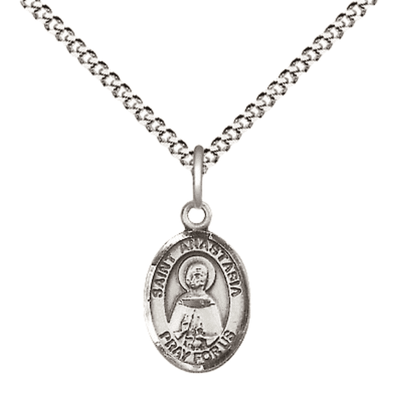 Small .925 Sterling Silver Saint Anastasia Medal Pendant on 18 Inch Rhodium Plated Lite Curb Brass Chain with Lobster Claw Clasp, Catholic Religious Necklace - Made in USA- Velvet Gift Box
