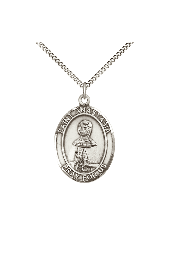 .925 Sterling Silver Saint Anastasia Medal Pendant on 18 Inch Rhodium Plated Lite Curb Brass Chain w/ Lobster Claw Clasp,Catholic Religious Necklace -Made in USA- Deluxe Velvet Gift Box
