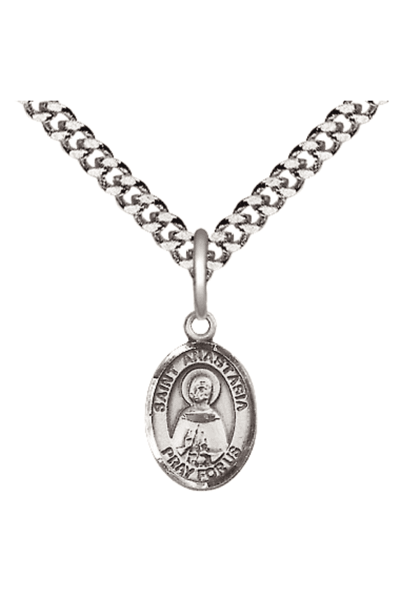 .925 Sterling Silver Saint Anastasia Medal Pendant on 24 Inch Endless Rhodium Plated Heavy Curb Brass Chain, Catholic Religious Necklace -Made in USA- Deluxe Velvet Gift Box