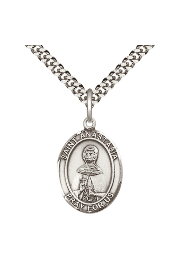 .925 Sterling Silver Saint Anastasia Medal Pendant on 24 Inch Endless Rhodium Plated Heavy Curb Brass Chain, Catholic Religious Necklace -Made in USA- Deluxe Velvet Gift Box