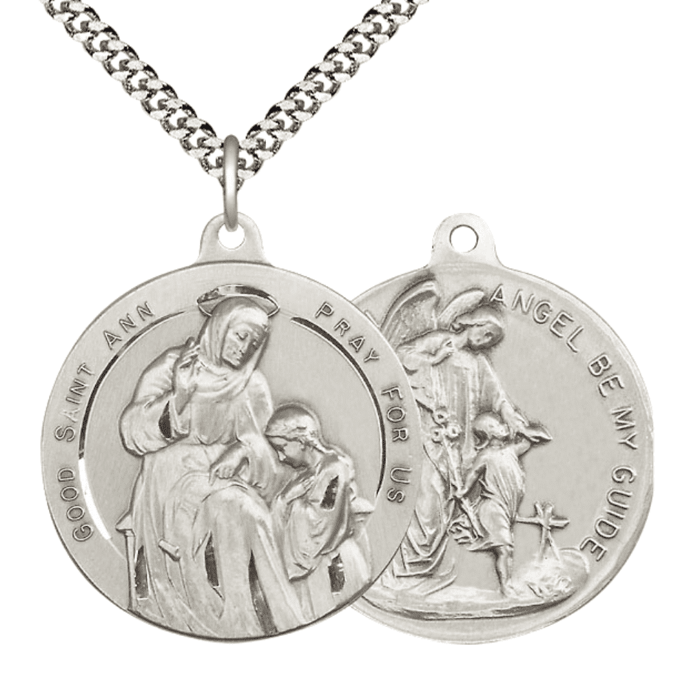 .925 Sterling Silver Saint Ann Guardian Angel Medal Pendant on 24 Inch ...