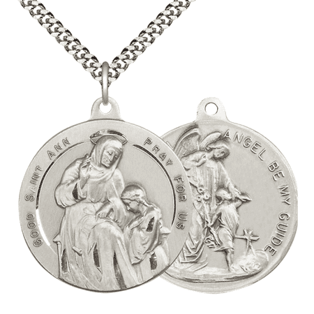 .925 Sterling Silver Saint Ann Guardian Angel Medal Pendant on 24 Inch Endless Rhodium Plated Heavy Curb Chain -Catholic Religious Necklace Made in USA,Deluxe Velvet Gift Box