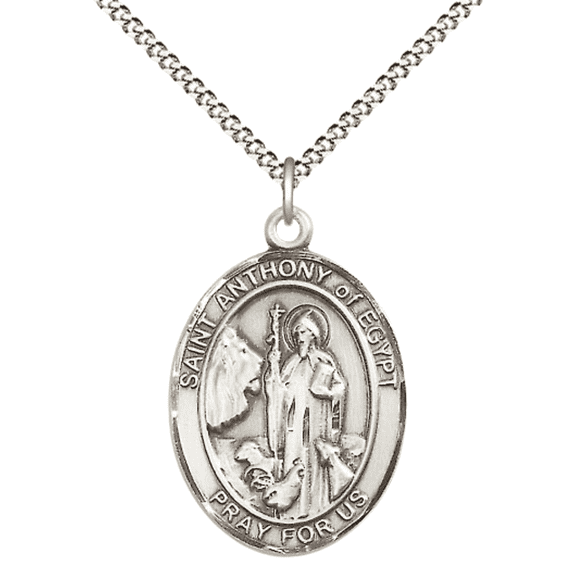 .925 Sterling Silver Saint Anthony of Egypt Medal Pendant on 18" Rhodium Plated Lite Curb Brass Chain with Lobster Claw Clasp,Catholic Religious Necklace -Made in USA- Velvet Gift Box