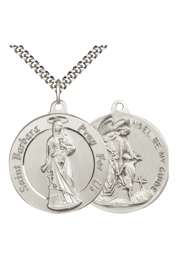 .925 Sterling Silver Saint Barbara/Guardian Angel Medal Pendant on 24 Inch Endless Rhodium Plated Heavy Curb Chain -Catholic Religious Necklace Made in USA,Deluxe Velvet Gift Box