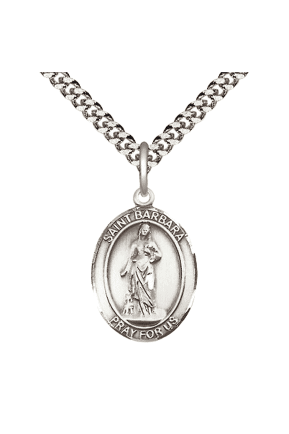 .925 Sterling Silver Saint Barbara Medal Pendant on 24 Inch Endless Rhodium Plated Heavy Curb Brass Chain, Catholic Religious Necklace -Made in USA- Deluxe Velvet Gift Box