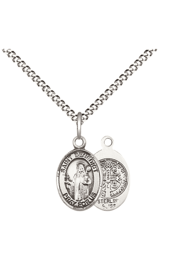 .925 Sterling Silver Saint Benedict Medal Pendant on 18 Inch Rhodium Plated Lite Curb Brass Chain with Lobster Claw Clasp, Catholic Religious Necklace - Made in USA- Velvet Gift Box