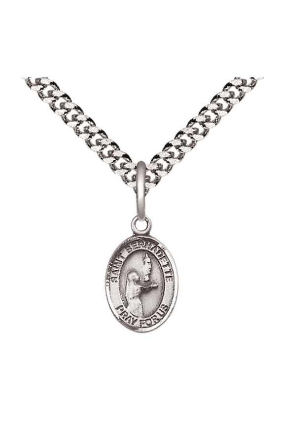 .925 Sterling Silver Saint Bernadette Medal Pendant on 24 Inch Endless Rhodium Plated Heavy Curb Brass Chain, Catholic Religious Necklace -Made in USA- Deluxe Velvet Gift Box