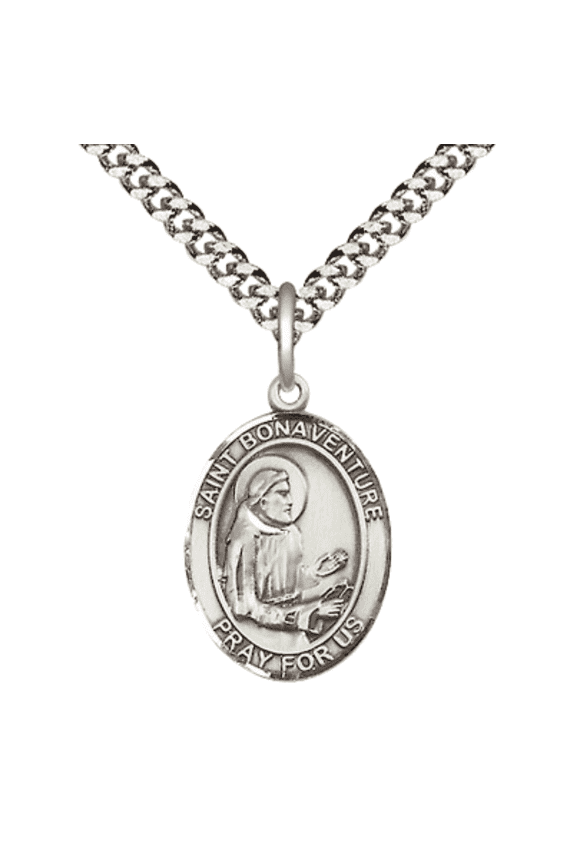 .925 Sterling Silver Saint Bonaventure Medal Pendant on 24 Inch Endless Rhodium Plated Heavy Curb Brass Chain, Catholic Religious Necklace -Made in USA- Deluxe Velvet Gift Box