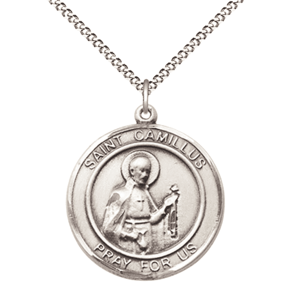 .925 Sterling Silver Saint Camillus of Lellis Medal Pendant on 18" Rhodium Plated Lite Curb Brass Chain w/ Lobster Claw Clasp,Catholic Religious Necklace -Made in USA- Deluxe Velvet Gift Box