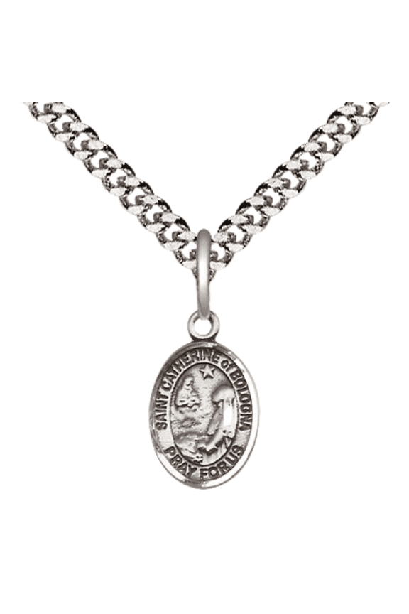 Small .925 Sterling Silver Saint Catherine of Bologna Medal Pendant on 24 Inch Endless Rhodium Plated Heavy Curb Brass Chain, Catholic Religious Necklace -Made in USA- Deluxe Velvet Gift Box