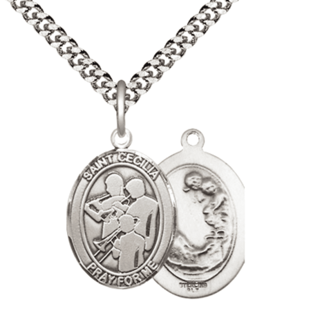 .925 Sterling Silver Saint Cecilia Marching Band Medal Pendant on 24 Inch Endless Rhodium Plated Heavy Curb Brass Chain, Catholic Religious Necklace -Made in USA- Deluxe Velvet Gift Box
