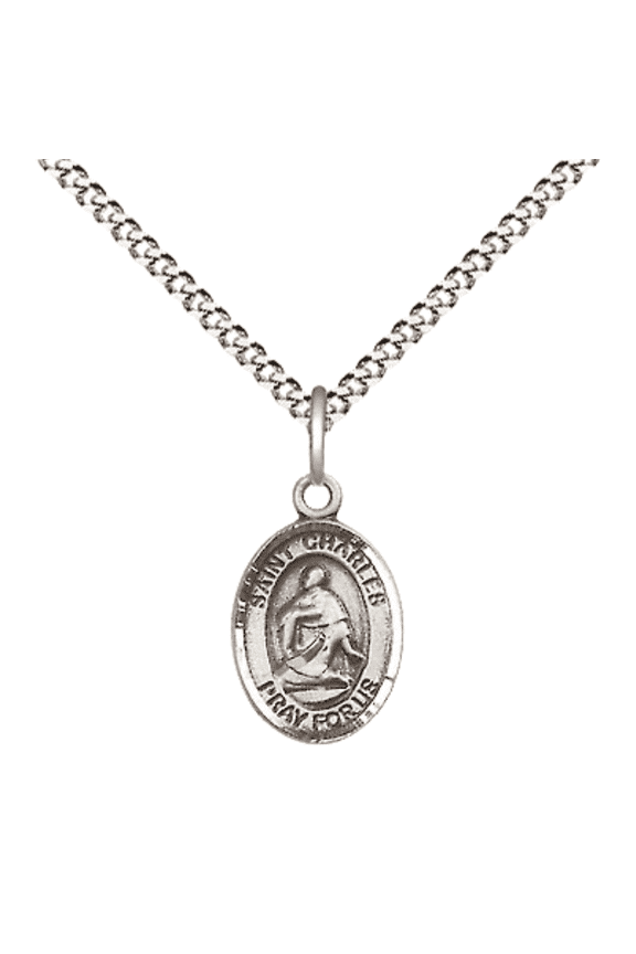 .925 Sterling Silver Saint Charles Borromeo Medal Pendant on 18 Inch Rhodium Plated Lite Curb Brass Chain with Lobster Claw Clasp, Catholic Religious Necklace - Made in USA- Velvet Gift Box