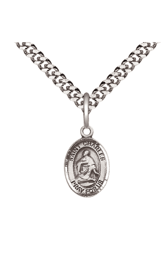 .925 Sterling Silver Saint Charles Borromeo Medal Pendant on 24 Inch Endless Rhodium Plated Heavy Curb Brass Chain, Catholic Religious Necklace -Made in USA- Deluxe Velvet Gift Box