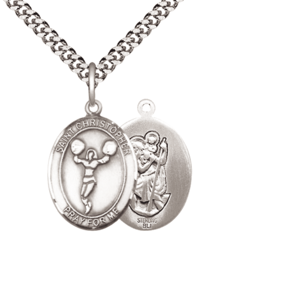 .925 Sterling Silver Saint Christopher Cheerleading Medal Pendant on 24 Inch Endless Rhodium Plated Heavy Curb Brass Chain, Catholic Religious Necklace -Made in USA- Deluxe Velvet Gift Box