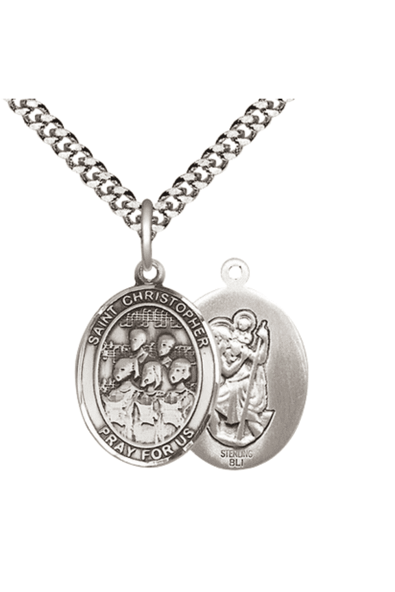 Medium .925 Sterling Silver Saint Christopher Choir Medal Pendant on 24 Inch Endless Rhodium Plated Heavy Curb Brass Chain, Catholic Religious Necklace -Made in USA- Deluxe Velvet Gift Box