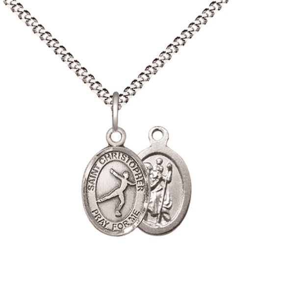 .925 Sterling Silver Saint Christopher Figure Skating Medal Pendant on 18" Rhodium Plated Lite Curb Brass Chain w/ Lobster Claw Clasp, Catholic Religious Necklace-Made in USA-Velvet Gift Box