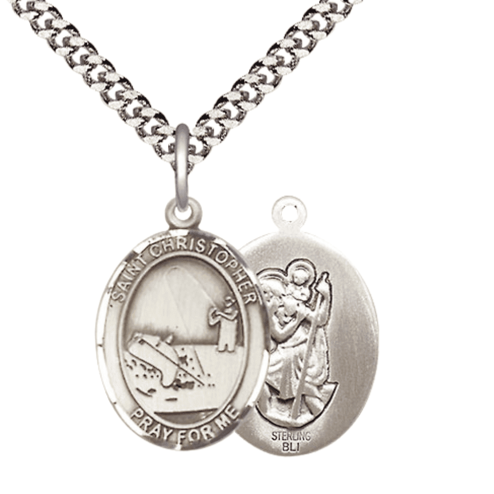 .925 Sterling Silver Saint Christopher Fishing Medal Pendant on 24 Inch ...