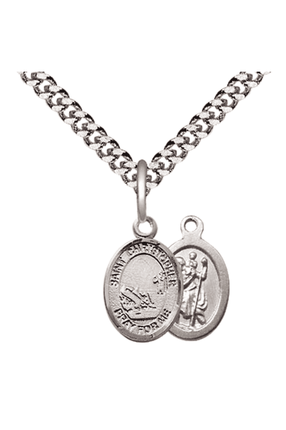 Small .925 Sterling Silver Saint Christopher Fishing Medal Pendant on 24 Inch Endless Rhodium Plated Heavy Curb Brass Chain, Catholic Religious Necklace -Made in USA- Deluxe Velvet Gift Box