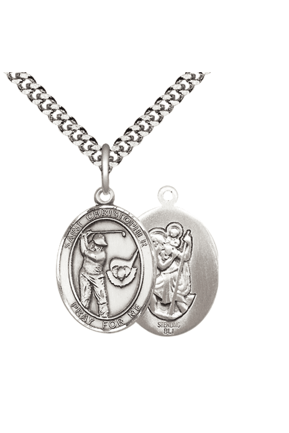 .925 Sterling Silver Saint Christopher Golf Medal Pendant on 24 Inch Endless Rhodium Plated Heavy Curb Brass Chain, Catholic Religious Necklace -Made in USA- Deluxe Velvet Gift Box
