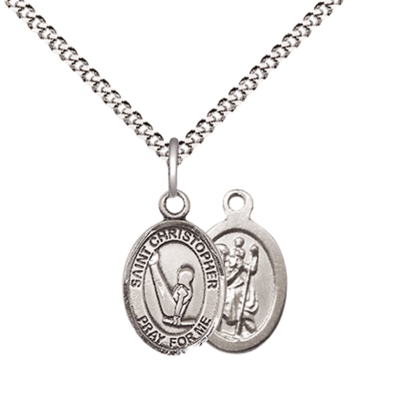 .925 Sterling Silver Saint Christopher Gymnastics Medal Pendant on 18" Rhodium Plated Lite Curb Brass Chain w/ Lobster Claw Clasp, Catholic Religious Necklace - Made in USA- Velvet Gift Box