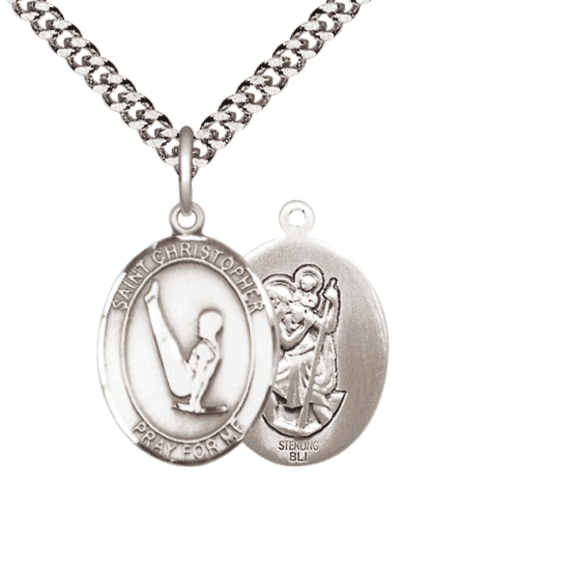 .925 Sterling Silver Saint Christopher Gymnastics Medal Pendant on 24 Inch Endless Rhodium Plated Heavy Curb Brass Chain, Catholic Religious Necklace -Made in USA- Deluxe Velvet Gift Box