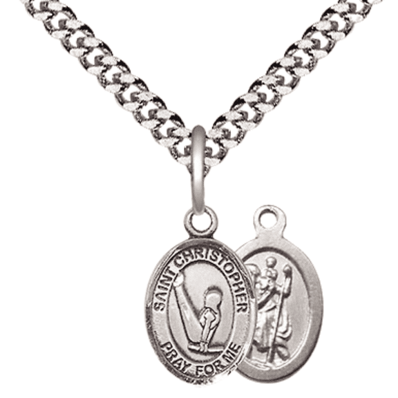.925 Sterling Silver Saint Christopher Gymnastics Medal Pendant on 24 Inch Endless Rhodium Plated Heavy Curb Brass Chain, Catholic Religious Necklace -Made in USA- Deluxe Velvet Gift Box