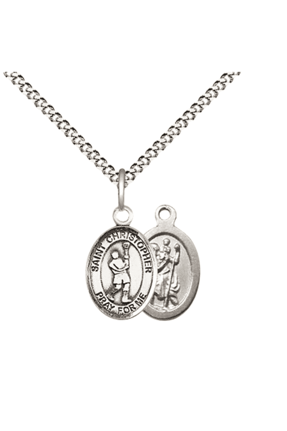 .925 Sterling Silver Saint Christopher Lacrosse Medal Pendant on 18" Rhodium Plated Lite Curb Brass Chain w/ Lobster Claw Clasp, Catholic Religious Necklace - Made in USA- Velvet Gift Box