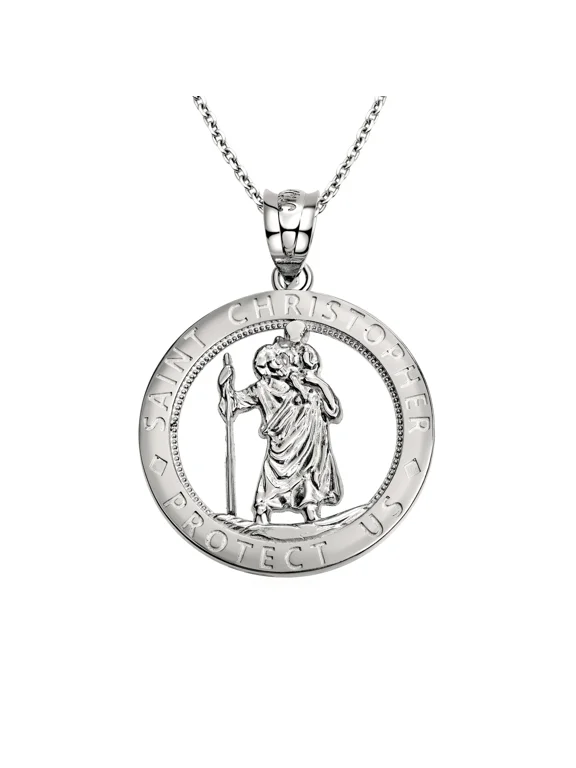 925 Sterling Silver Saint Christopher Round Medallion Pendant Necklace (16 Inches)