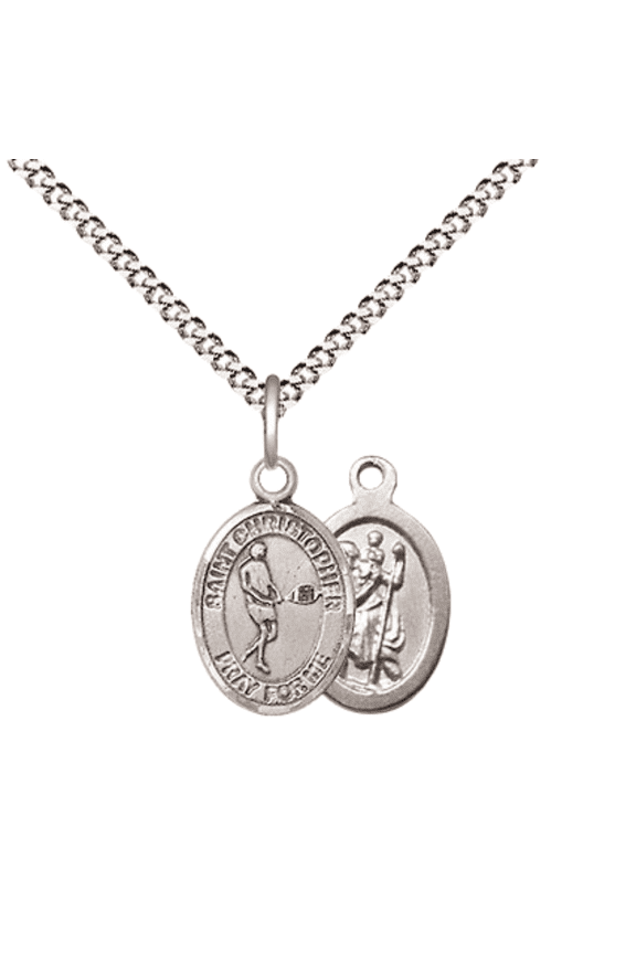 .925 Sterling Silver Saint Christopher Tennis Medal Pendant on 18 Inch Rhodium Plated Lite Curb Brass Chain w/ Lobster Claw Clasp, Catholic Religious Necklace - Made in USA- Velvet Gift Box