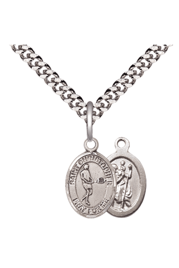 .925 Sterling Silver Saint Christopher Tennis Medal Pendant on 24 Inch Endless Rhodium Plated Heavy Curb Brass Chain, Catholic Religious Necklace -Made in USA- Deluxe Velvet Gift Box