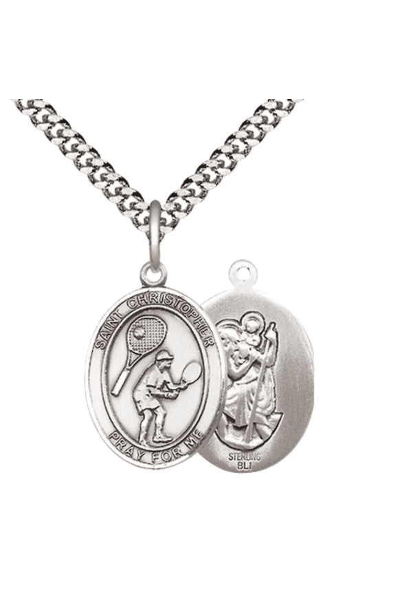 Medium .925 Sterling Silver Saint Christopher Tennis Medal Pendant on 24 Inch Endless Rhodium Plated Heavy Curb Brass Chain, Catholic Religious Necklace -Made in USA- Deluxe Velvet Gift Box