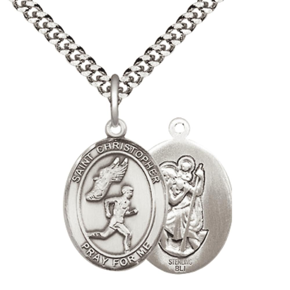 .925 Sterling Silver Saint Christopher Track&Field Medal Pendant on 24 ...