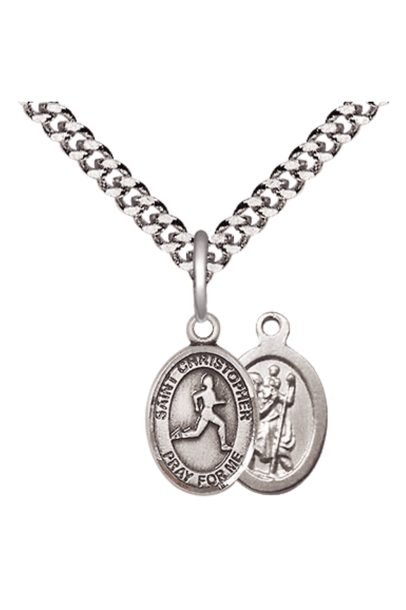 .925 Sterling Silver Saint Christopher Track&Field Medal Pendant on 24 Inch Endless Rhodium Plated Heavy Curb Brass Chain, Catholic Religious Necklace -Made in USA- Deluxe Velvet Gift Box